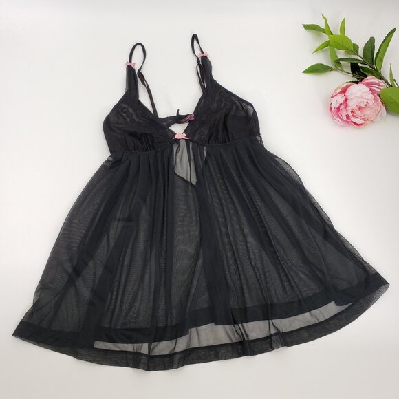 Vintage Betsey Johnson Intimates Babydoll Negligee Size S Black Sheer Pink Bows - Picture 10 of 10